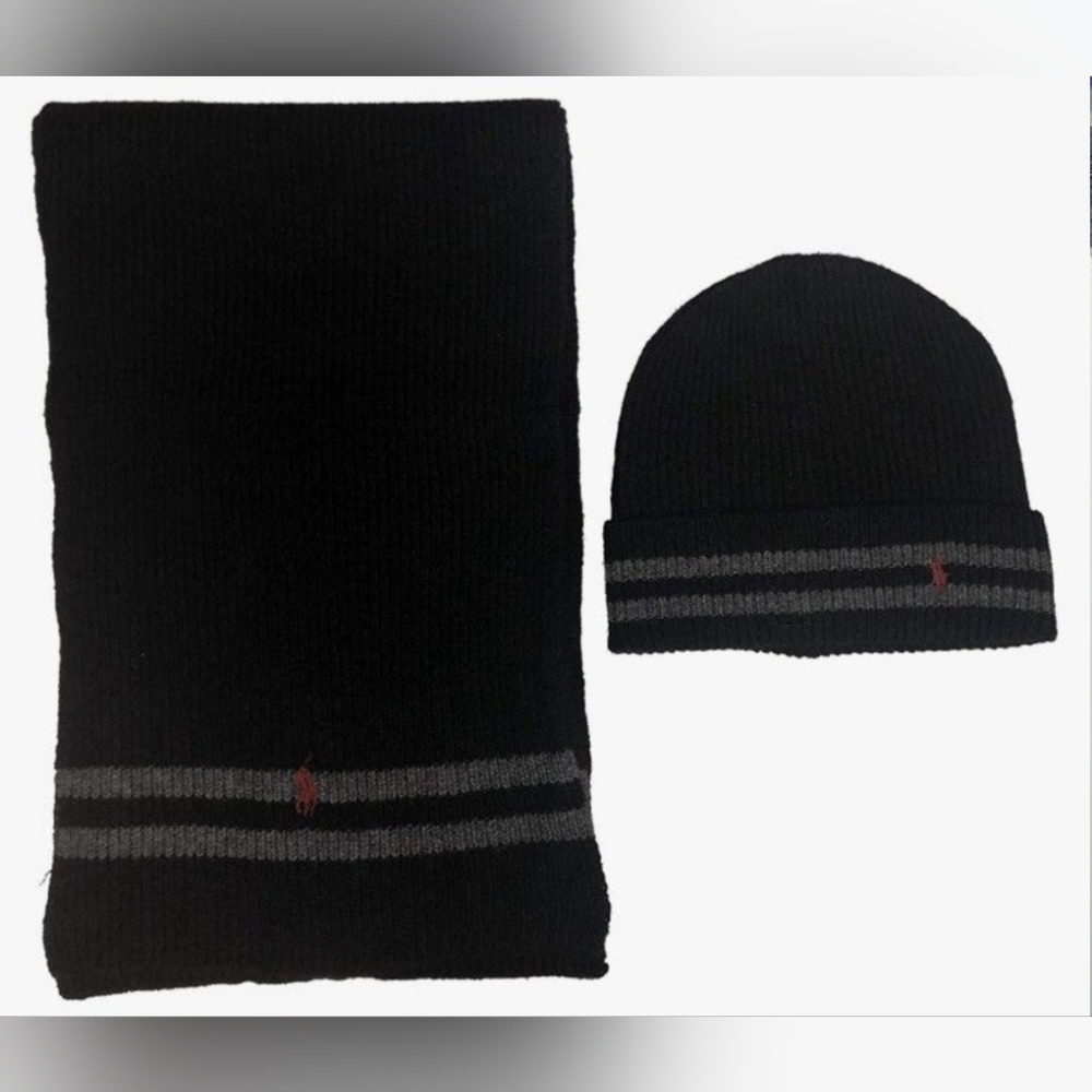 Polo Ralph Lauren Men's 2 Piece Set Hat & Scarf Navy Lambswool Blend.